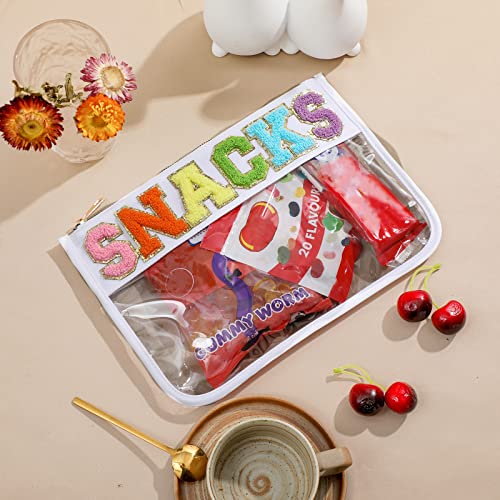 DYSHAYEN Chenille Letter Clear Zipper Pouch for Travel,Nylon Clear Cosmetic Bag,Makeup Travel Bag for Women Girls 11.8 Inches x 8.2 Inches - color: White-Snacks