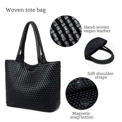 Woven Tote Bag for women,Vegan Leather Woven Satchel Handbag,Shoulder bag with Pouch,Hobo bag fits13-14” laptops - color: Black