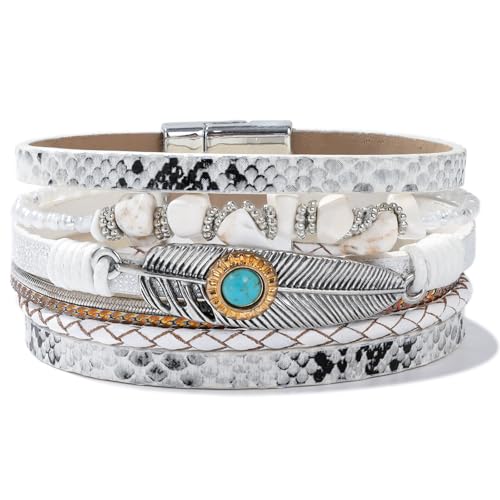 FANCY SHINY Turquoise Boho Leather Bracelet Stackable Chunky Wrap Bangle Bracelets Cowboy Cowgirl Chic Western Jewelry Gift for Women - color: White