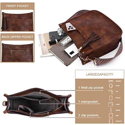 HKCLUF Crossbody Bag Purse for Women 2PCS/Set Leather Hobo Handbag Wallet Set With 2Adjustable Guitar Strap Shoulder Bag | Purse - color: 01 Light Coffee