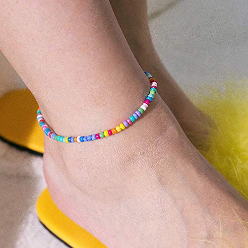 XIJIN 8Pcs Handmade Beaded Anklets for Women Boho Colorful Beads Ankle Bracelets Adjustable Foot Anklet Set - color: F