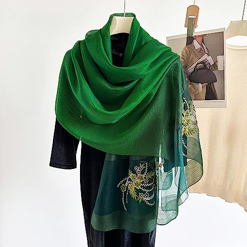 WINCESS YU Women Mulberry Silk Scarf Long & Large Embroidered Floral Pattern Shawl and Wraps Neckerchief for Hair & Neck - color: Gradient Green