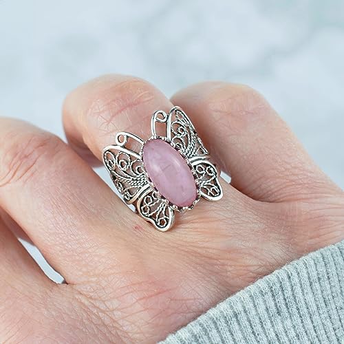 Filigranist Sterling Silver Filigree Art Butterfly Women Cocktail Ring with Gemstones - color: Rose Quartz