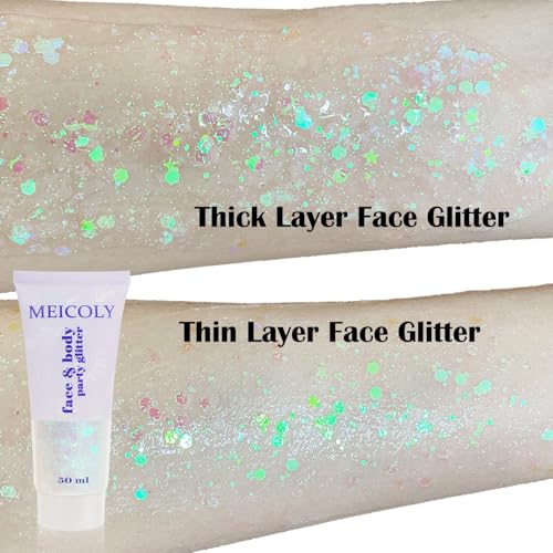 MEICOLY Clear White Face Body Glitter,Mardi Gras Face Glitter Makeup for Kids Women,Face Glitter for Running Half Marathon,Sparkly Mermaid Hair Glitter,Singer Concert Festival Rave Accessories - color: white body glitter