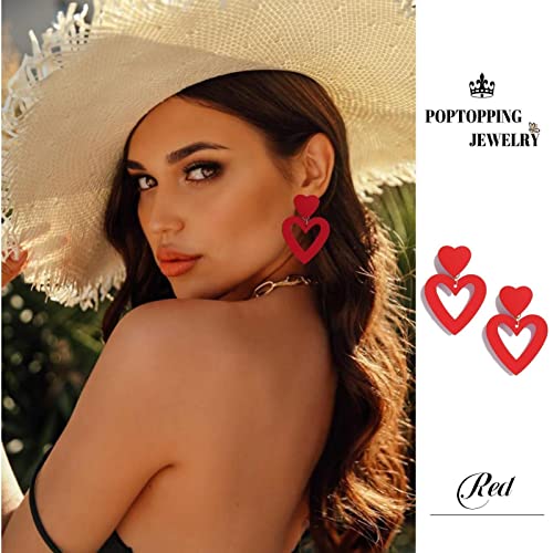 Double Heart Earrings Dangling Heart Drop Earrings For Women Love Heart Dangle Earrings Birthday Gift - color: Red