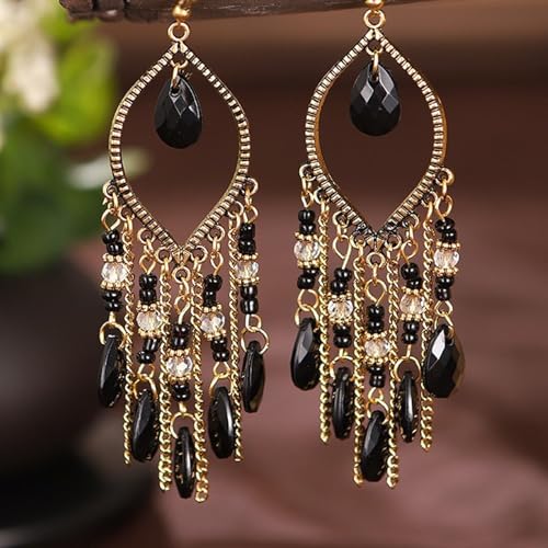 Clip on Tassel Dangle Earrings for Boho Women, Non Pierced, Colorful Feather Handmade Beads Fashion Vintage Fringe Jewelry for Parties Weddings Festivals Trendy Statement Earrings for Bohemian - color: Black B