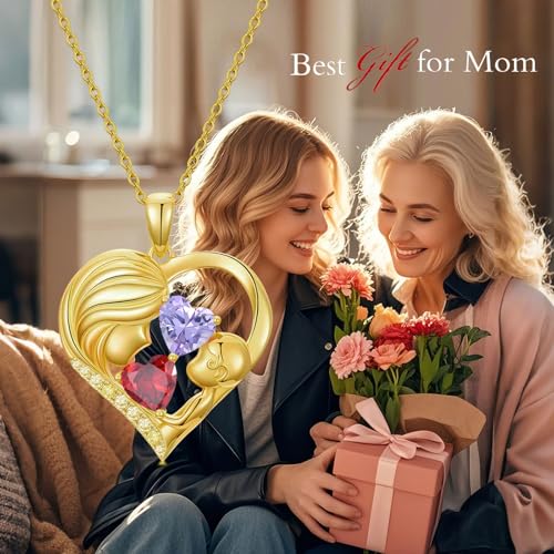 Mothers Day Gifts 14K Yellow Gold Mother Daughter Heart Pendant Necklace with 12 Months Birthstone Birthday Gifts for Mom Anniversarry Jewelry for Mom Wife Girlfriend - color: 01-06-Jan-Jun Birthstone
