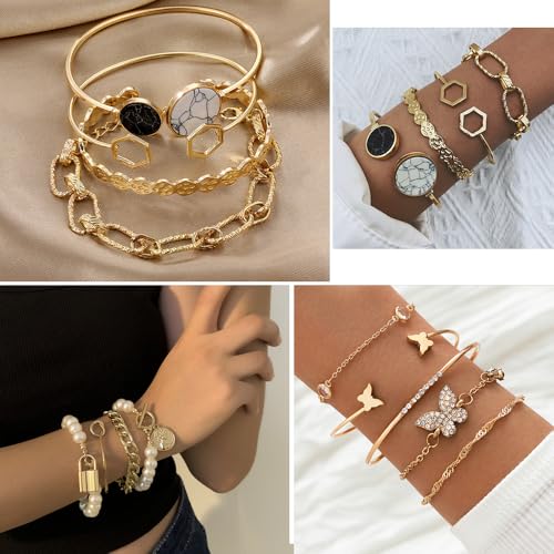 KISS WIFE Golden Jewelry Set for Women with Multi Layered Necklaces, Stackable Bracelets, Knuckle Rings, Hoop Earrings, Fashion Outfit Accessories Jewelry Packs Gifts for Women - style: Style 1