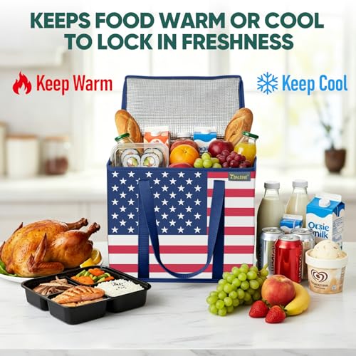 BALEINE 1Pk Insulated Reusable Grocery Bags, Foldable Shopping Bags for Groceries with Reinforced Bottom & Handles (Patriot Celebration) - color: Patriot Celebration, size: 1 Pack (Insulated)