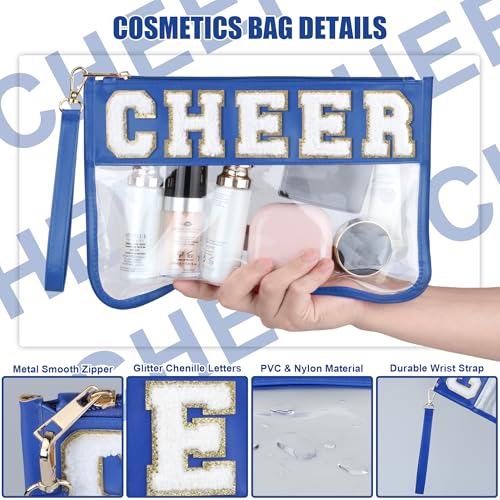 BuyCard Cheer Chenille Letter Bags Clear Makeup Bag, Cheerleader Gifts Cosmetic Bag, Varsity Preppy Patch Flat Pouch Cheer Accessories, Waterproof PVC Organizer Toiletry Bag for Women Girls Navy Blue - color: Navy Blue-Cheer