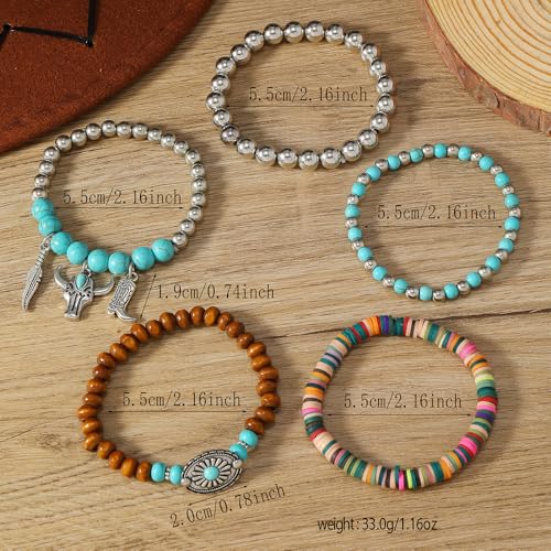 Western Turquoise Beaded Bracelet Stack - Vintage Cowgirl Stretch Set with Bull Skull, Feather & Boot Charms, Handmade Boho Jewelry for Rodeo, Country Concerts & Casual Western Outfits - style: Cow