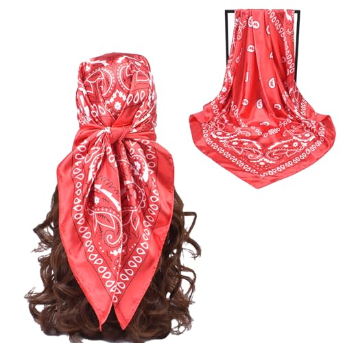 35” Satin Large Square Head Scarves-Like Silk Satin Scarf for Hair Wrapping at Night Bandana Square Scarf for Sleeping - color: Little Water Drop-red