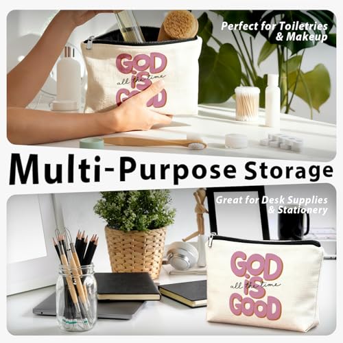 Pink Christian Makeup Bag, Bible Verse Preppy Pink Cosmetic Bag for Women, Christian Gifts for Women, God Is Good Religious Scripture Small Toiletry Bags Zipper Makeup Pouch - color: 00-Bible(God Is Good)