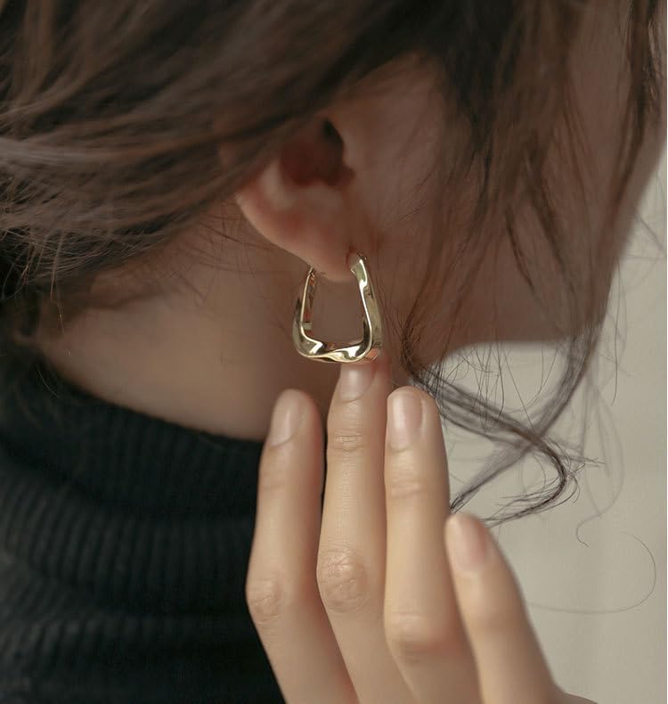Geometric Hoop Earrings, Stainless Steel, Twisted Textured Trapezoid Design, Anti-Allergic - color: Gold