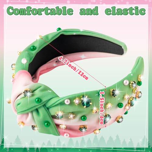 PANTIDE Witch Musical Jeweled Knotted Headband - Witch Musical Fans Gift Pearl Crystal Embellished Headband Wide Top Knot Fashion Pink Hairband Accessories Birthday for Women Girls (Green Rhinestone) - color: Pink Green Rhinestone