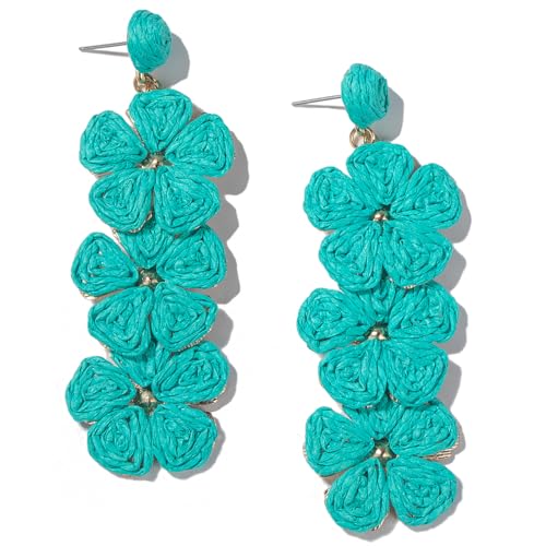 Boho Flower Earrings Statement Raffia Dangle Earrings Cute Floral Jewelry Trendy Summer Beach Vacation Outfits for Women - color: Teal-2