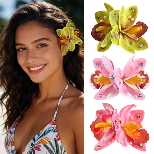 3 PCS Hawaiian Flower Hair Clips for Women，Artificial Flower Clips tropical party decorations，Hibiscus Hair Accessories for Wedding Bridal Beach Party - Lily - color: Lily