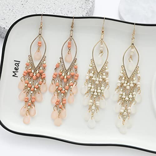 Long Beaded Tassel Earrings Bohemia Native Tassel Drop Earrings Handmade Seed Bead Tribal Dangle Earrings Boho Multicolor Crystal Beaded Tassel Earrings for Women (Colorful)