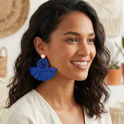 Boho Raffia Summer Beach Earrings for Women, Large Statement Dangle Drop, Lightweight Handmade Woven Fan Tassel Jewelry - color: Navy Blue