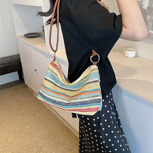 Women's Woven Beach Shoulder Handbag Colorful Straw Tote Bag Summer Vacation Crossbody Bag - color: 1343colorful