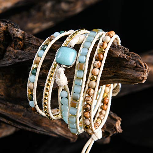 YGLINE Natural Stone Beaded Healing Wax String 5 Wraps Bracelets - color: Amazonite