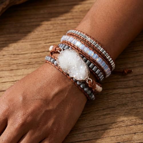 YGLINE Natural Stone Beaded Healing Wax String 5 Wraps Bracelets - color: druzy 1