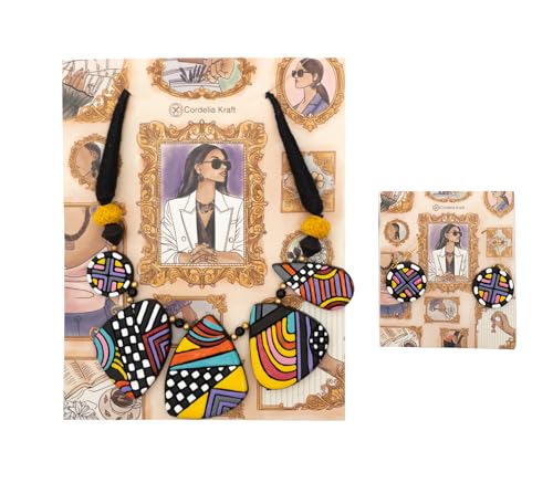 Bold Multicolor Geometric Terracotta Jewelry Set Hand-Painted Clay Necklace with Earrings | Artisan Handmade Statement Boho Jewelry for Women | Gift for Her - color: Boho Brunch
