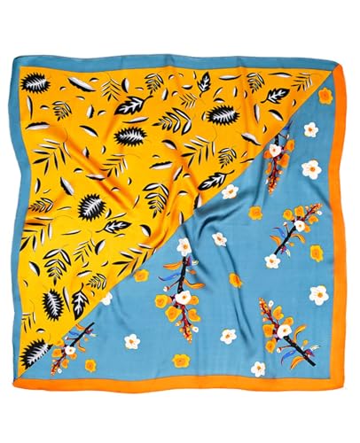 Hioyiwse Head Scarf For Women Hair Bandana 35" Large Square Satin Wrap Sleeping Neck Silk Satin Hair Scarves Lightweight - color: F20-orange-blue Branch(35*35inch）