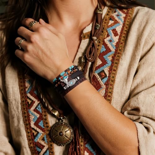 Western Turquoise Beaded Bracelet Stack - Vintage Cowgirl Stretch Set with Bull Skull, Feather & Boot Charms, Handmade Boho Jewelry for Rodeo, Country Concerts & Casual Western Outfits - style: Butterfly