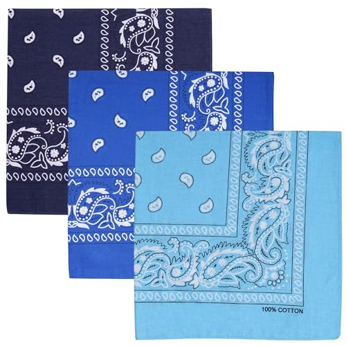 Raylarnia 100% Cotton Large Bandanas for Men and Women, 22 Inch Paisley Bandana with Multiple Colors - color: Royal Blue / Navy Blue / Light Blue