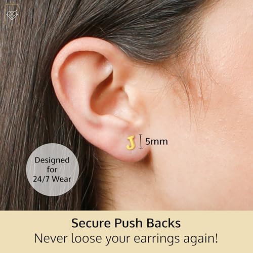 14k Gold Small Script Initial Letter Stud Earrings for Women | Anti Tarnishing 5mm 14k Gold Studs | A-Z Alphabet Earrings with Gift Box by MAX + STONE - style: J | Yellow Gold