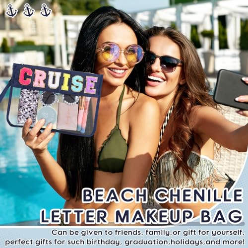 Hillban 2 Pcs Cruise Gifts Chenille Letter Bags Nautical Anchor Makeup Cosmetic Bags Sunscreen Clear Toiletry Travel Pouch Waterproof Purse Sailboat Cruise Survival Kit Portable Storage Organizer - style: Cruise Theme