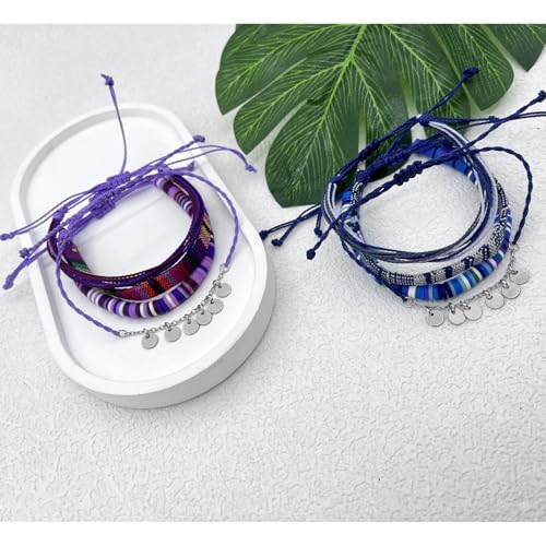 Beach Summer Ankle Bracelet for Women Handmade Braided Adjustable String Anklets Waterproof Surfer Bracelet - color: Purple 25