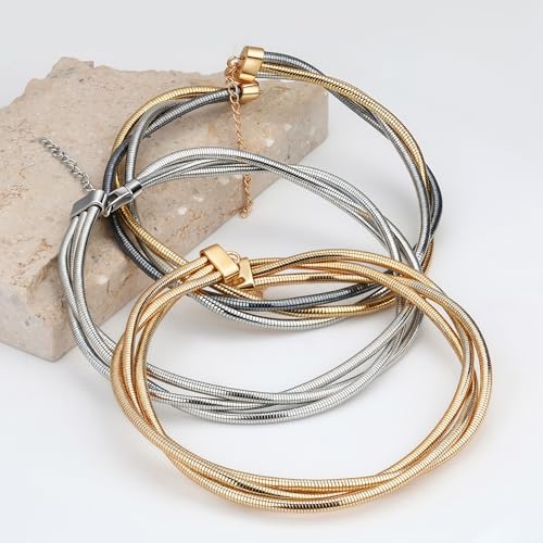 Chunky Gold Collar Choker Statement Necklace for Women Trendy | Gold Plated Layered Twist Flat Thick Snake Herringbone Chain African Torque Necklace Prom Boho Necklaces Party Jewelry Gift - style: 3 Twisted Chain/Gold