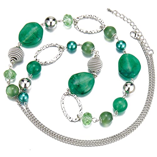 BULINLIN Beaded Long Necklace for Women Silver Sweater Chain Necklace with Crystal Resin Beads, Fashion Jewelry Necklace - color: Jade green