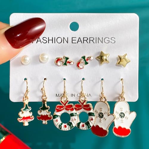 6 Pairs Christmas Earrings Set for Women Vintage Christmas Tree Bell Bow Star Dangle Drop Earrings Hypoallergenic Lightweight Jewelry Party Holiday Accessories - color: Colorful