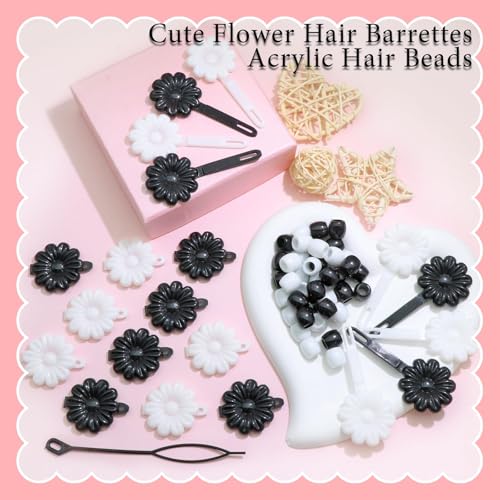 60PCS Black&White Braids Beads Cute Pony Beads for Hair Dreadlock Flower Self Hinge Hair Barrettes Loc Jewelry Accessories Plastic Hair Pins for Kids Girls - color: Black&White