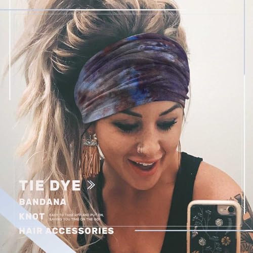 Acenail Wide Boho Headbands Turban Knotted HeadbandStretch Non Slip Hairbands Workout Head Wraps Yoga Head Scarfs Fashion Hair Accessories for Women 4Pcs - color: Tie Dye