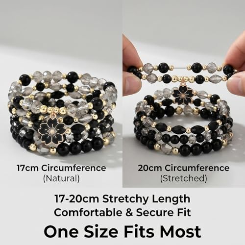 LOTSOF Boho Flower Beaded Bracelet Set for Women - Multilayer Crystal & Flower Charm Stackable Bracelets, Fashion Jewelry Gift for Her - color: Black