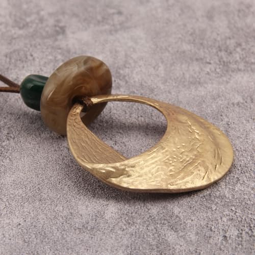 Boho Necklace for Women, Long Chunky Leather Hammered Pendant Adjustable Handmade Jewelry