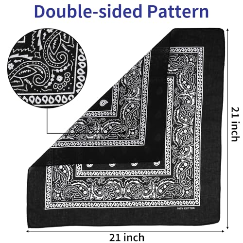 6 Pack Pure Cotton Bandana, Multi-Purpose Square Handkerchief, Face Mask headband for Men and Women - color: Black
