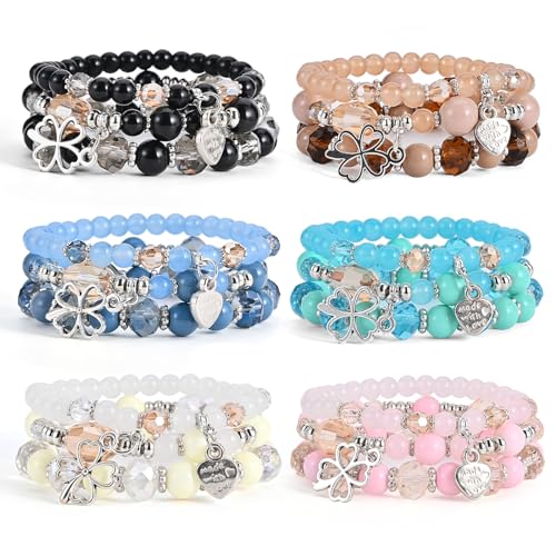 Bohemian Bracelet Sets for Women - 6 Sets Stackable Stretch Bracelets Multi-color Boho Jewelry for Women Hippie Bracelets Dainty Jewelry - color: Lucky grass stretch bracelet