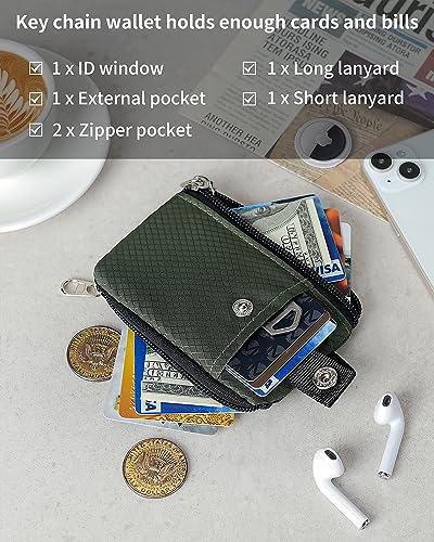 Artpaxy Minimalist Wallet For Mens Womens, Keychain RFID Blocking Zipper Small Wallet with ID Window 2 Lanyards,Water Resistant Travel Cash Card Coin Case Boys Girls - color: Army Green, style: Classic