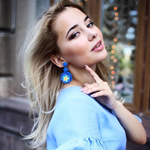 Boho Raffia Ball Earrings for Women, Handmade Statement Drop Earrings Straw Dangle Earrings Beach Vacation Jewelry - color: Royal blue flowers