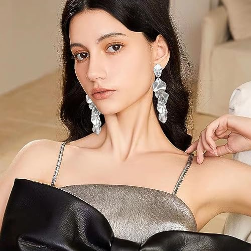 Long Acrylic Rose Petal Earrings Dangle Exaggerated Flower Earrings Drop Statement Floral Tassel Earrings for Women - color: Silver