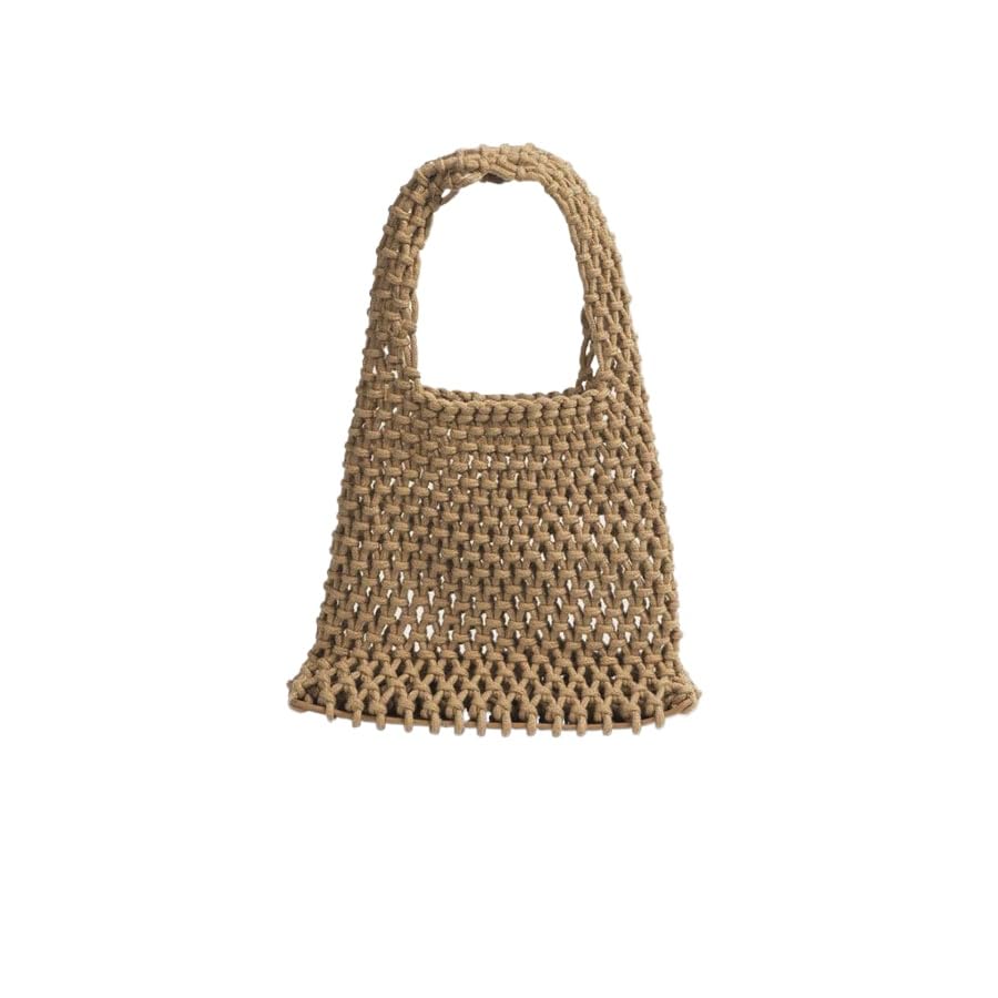 Handmade Cotton Rope Tote Bag – Hollow Weave Beach Bucket Bag with Wrist Strap, Ideal for Vacation and Resort Use
