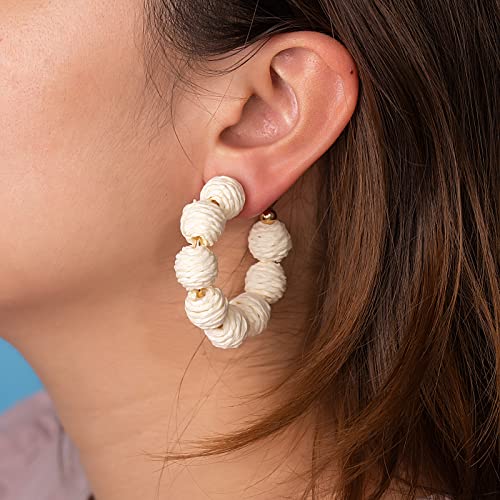 Raffia Hoop Earrings Statement Boho Beaded Earrings Cute Rattan Handmade Colorful Jewelry for Women Unique Summer Outfits - color: Ivory