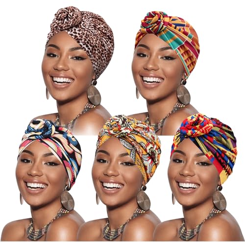 DRESHOW 5 Pack Knotted Headwraps for Women African Turban Pre-Knotted Beanie Headwraps Hair Covers - color: 5 Pack Donuts: Flower Printed Ba