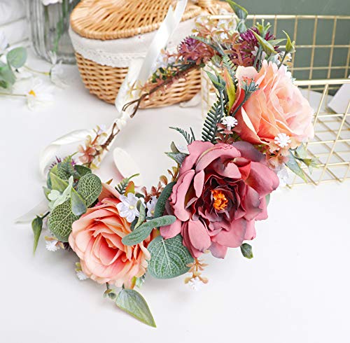 Vivivalue Boho Flower Crown Rose Floral Headband Hair Wreath Flower Headpiece Halo with Ribbon Wedding Party Photos - color: 88
