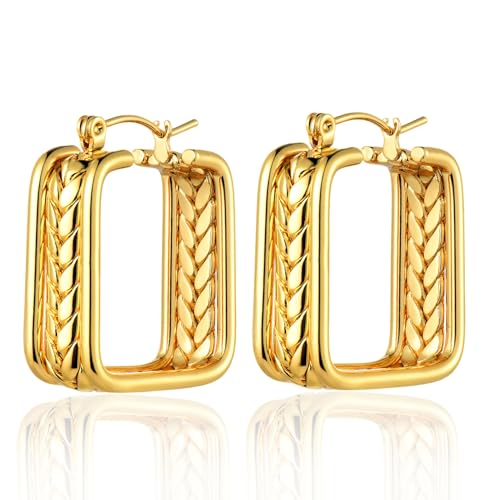 Gold Color Hoop Earrings for Women, Stainless Steel Wide Band Hoop Earrings with Twisted Rope Design, Womens Fashion Statement Dangle Earrings with Engraved Wheat Pattern - style: Square